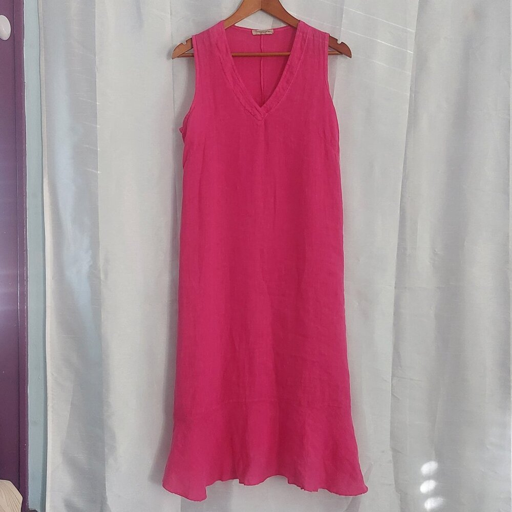 Pink Italian Linen Shift Dress Small Midi Length Sleeveless Relaxed Fit V Neck - Picture 10 of 13